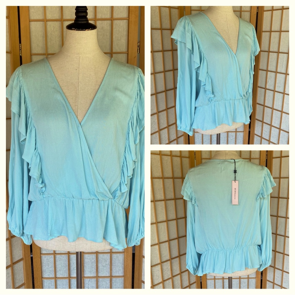 BCBGeneration Turquoise Ruffled Crossover Top SZ XL NWT